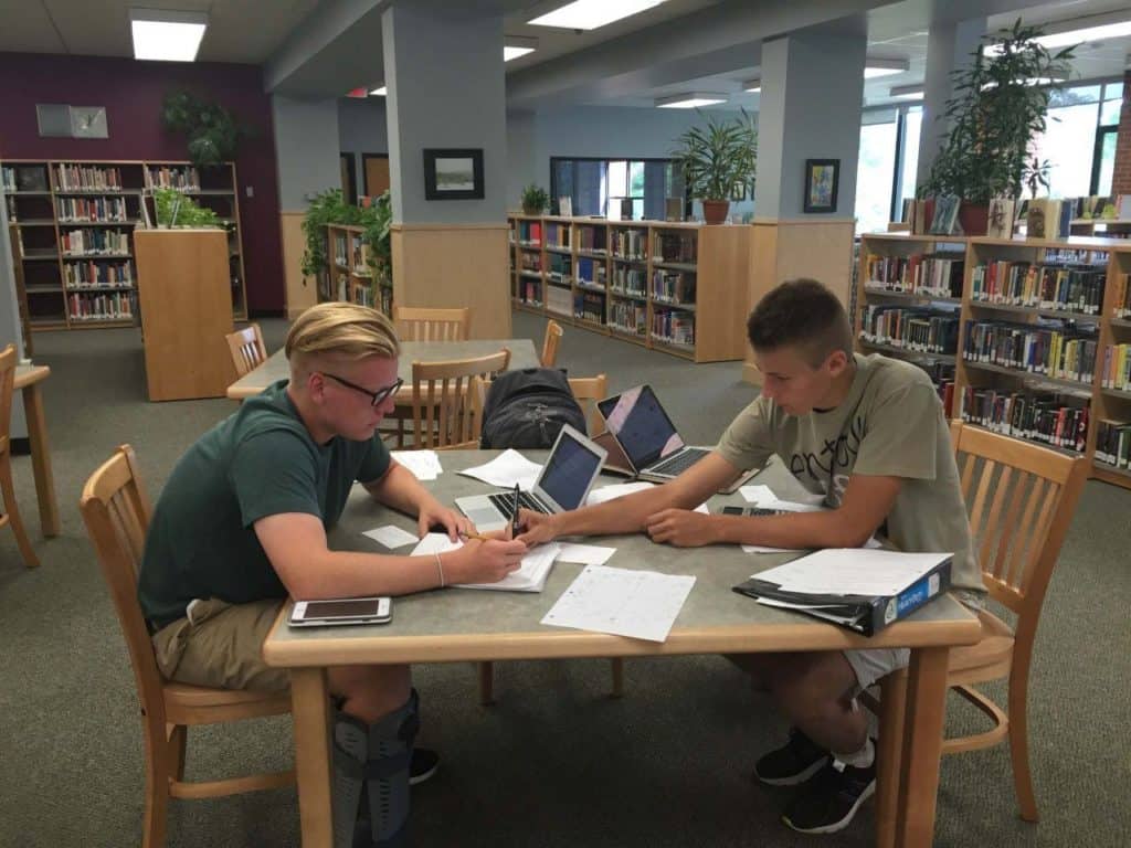 students working in a library together